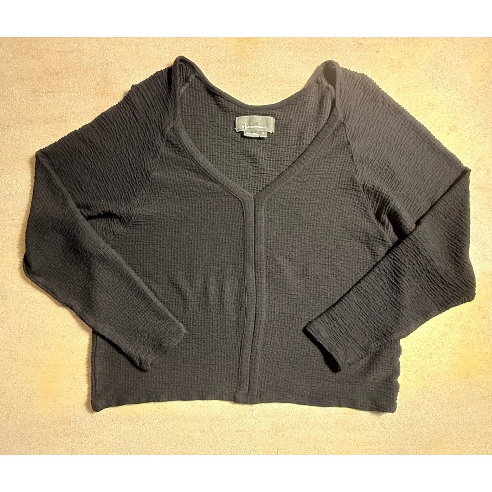 Anthropologie Women Black Textured Waffle Knit V-Neck Blouse Medium-2032